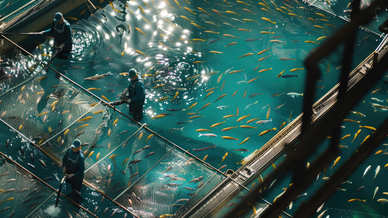 Fish feeding on sustainable aquaculture pellets made with alternative proteins such as microalgae, yeast, and insect meal.